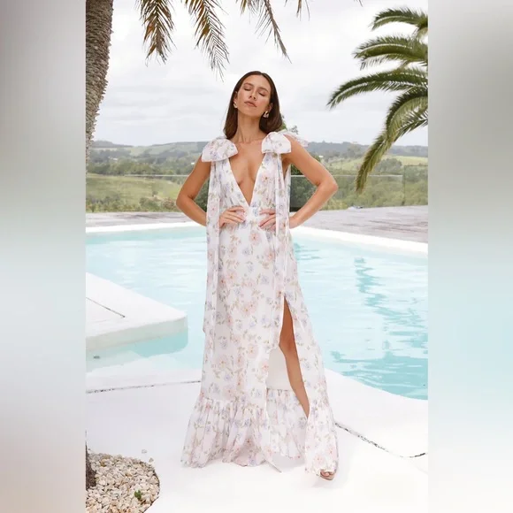 NWT Beauty Of Springtime floral Maxi Dress Lavender BABY SHOWER DRESS MEDIUM 10 - Picture 4 of 6